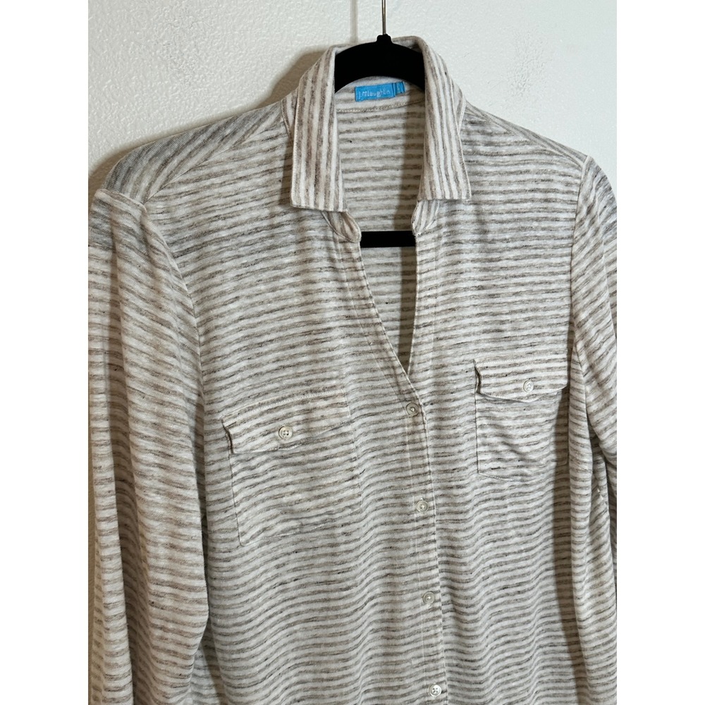 J. McLaughlin Linen Blend Button Front Shirt Size L Beige Stripe 3/4 Sleeves‎ - Picture 4 of 9